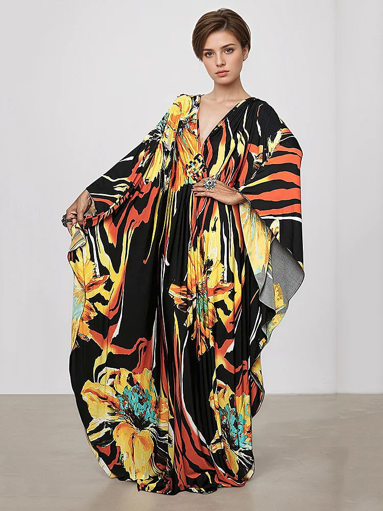 XITAO V-neck Print Loose Dress Bat Wing Sleeve Pullover Casual Full Sleeve Temperament Flower Trend Summer Woman Dress GJ1194