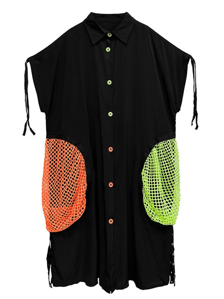 XITAO Contrast Color Pocket Rivet Patchwork Women Dress Shirring Short Sleeve Turn-down Collar Temperament Shirt Dress ZY8942