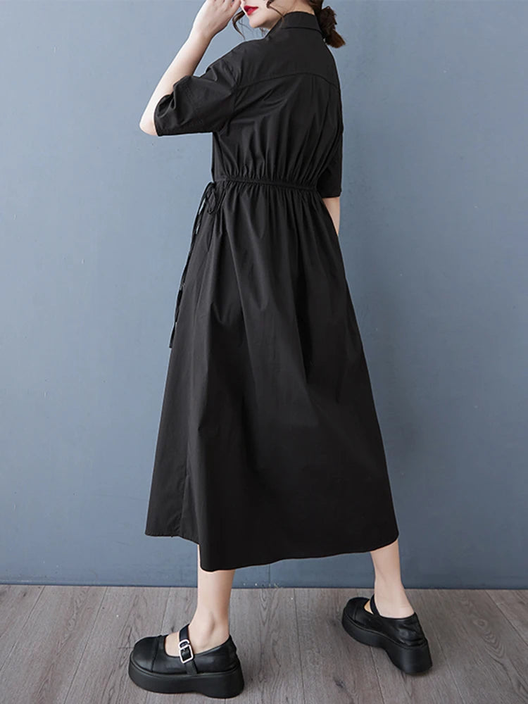 XITAO Loose Folds Vintage Shirt Dress Casual Patchwork Solid Color Temperament Slimming Women Simple Sweet Dress ZMY1068