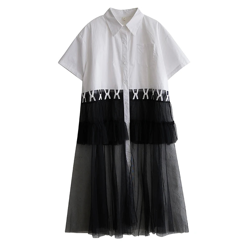 XITAO Patchwork Mesh Single Breasted Dress Casual Loose Fitting A-line Short Sleeve Turn-down Collar Summer Women Dress GYX1634
