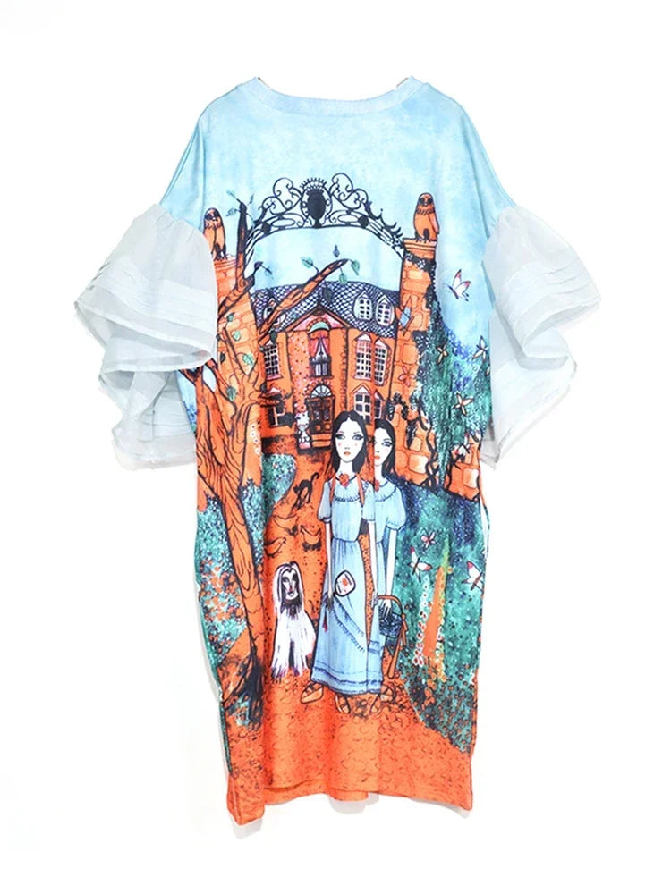 XITAO Autumn Fashion New O-neck Full Sleeve Loose Dress Female Half Sleeve Ruffles Cartoon Above Knee Dress KZH432