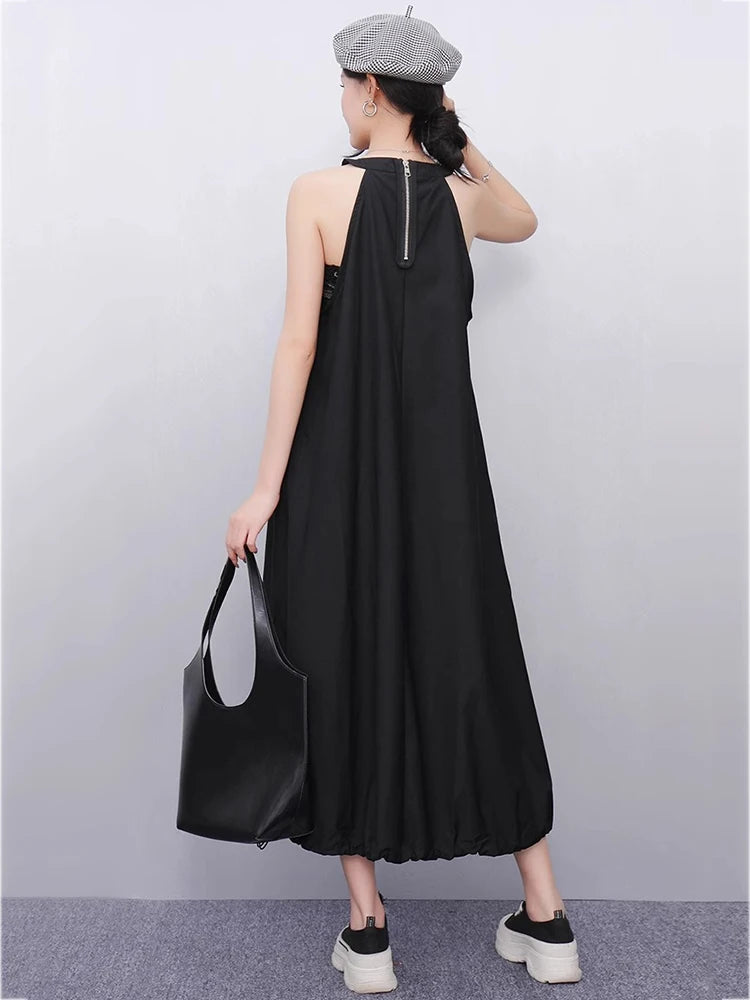 XITAO Pleated Drawstring O-neck Dress Casual A-line Sleeveless Loose Fitting Slimming Solid Color Fashion Summer Dress ZMY1184