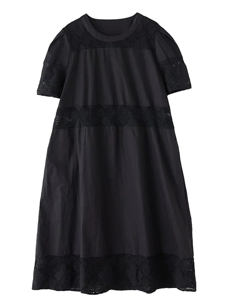 XITAO Hollow Out Patchwork Dress Loose Solid Color Elegant A-line Women Summer Temperament O-neck Short Sleeve Dress ZMY1155