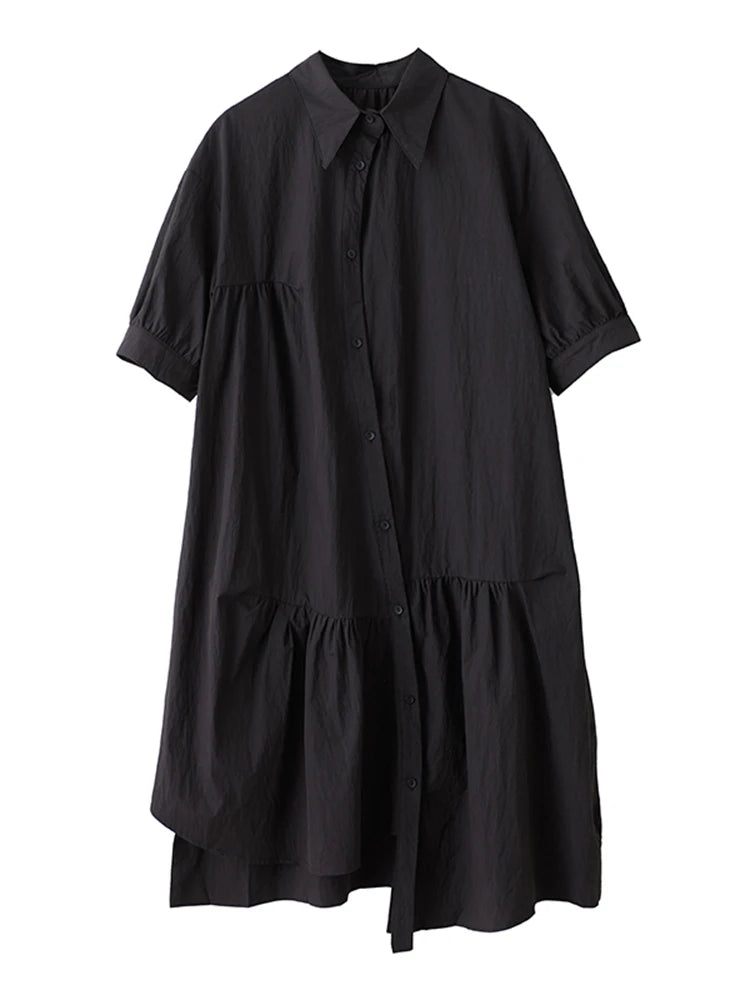 XITAO Asymmetrical Solid Color Female Dress Loose Turn-down Collar Short Half Sleeve A-line Single Breasted Woman Dress ZMY1264
