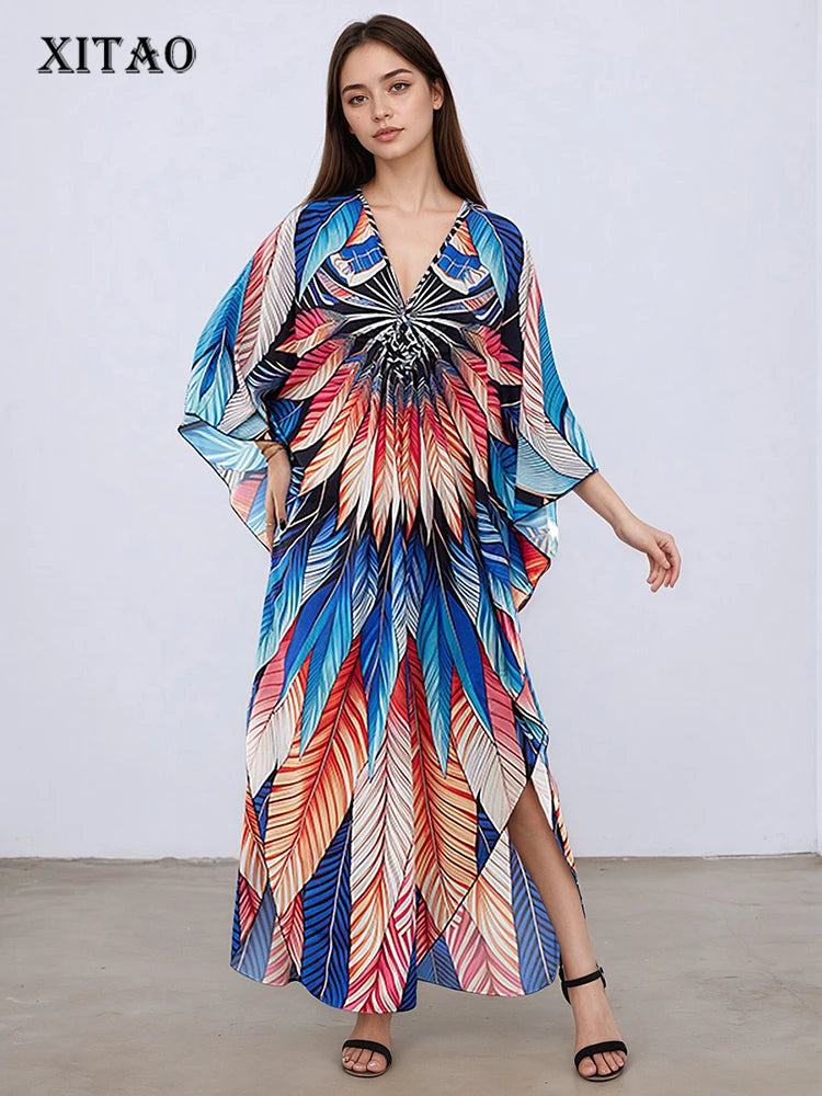 XITAO Contrast Color Print Patchwork Batwing Sleeve Dress Pullover Loose Slimming Casual Ankle-length Summer Women Dress GJ1142