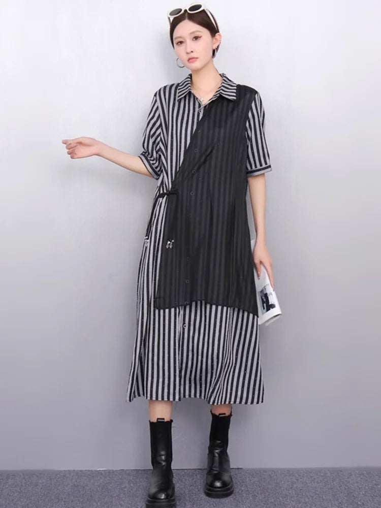 XITAO Irregular Contrast Color Dress Patchwork Striped Short Sleeve Turn-down Collar Temperament Summer Woman Dress ZMY1277