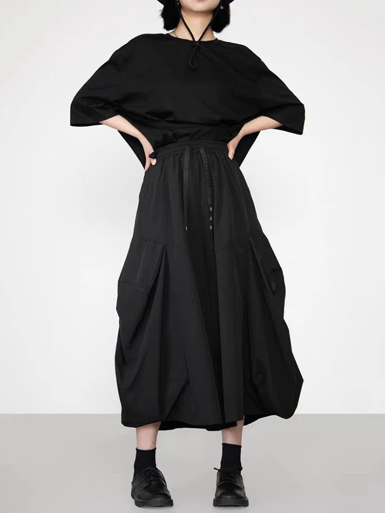 XITAO Solid Color Pleated Elastic Waist Pants Pocket Patchwork All Match Slimming Casual Fashion Loose Ankle-length Pants ZY8944