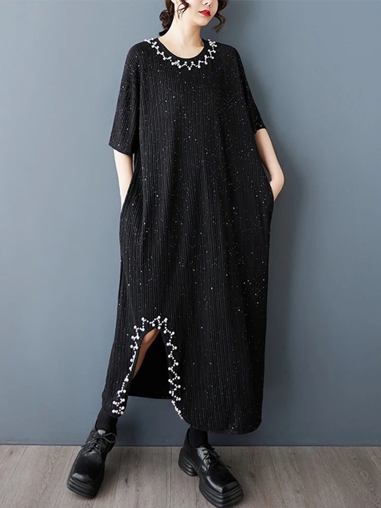 XITAO Vintage Asymmetric O-neck Dress Fashion Bead Patchwork Women Summer Solid Color Slimming Temperament Dress HQQ2481