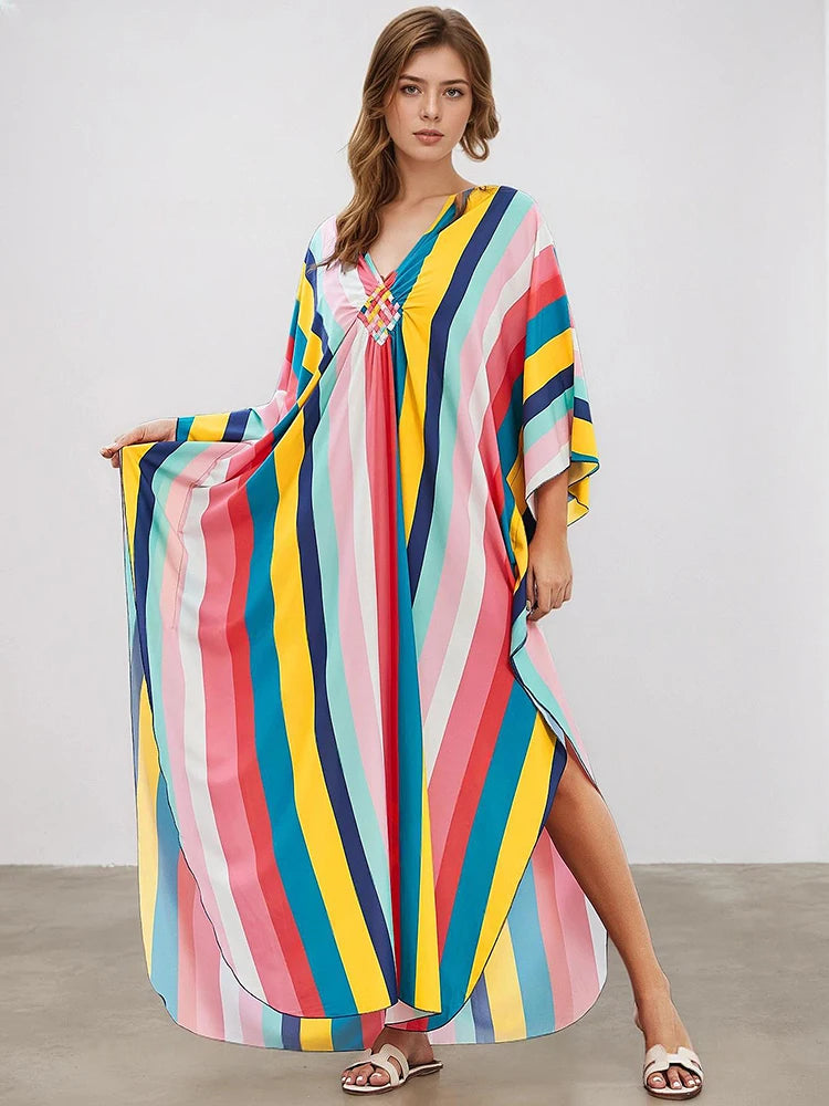 XITAO Contrast Color Striped A-line Dress Pullover Print V-neck Fashion Bat Wing Sleeve Summer Woman Ankle-length Dress GJ1177