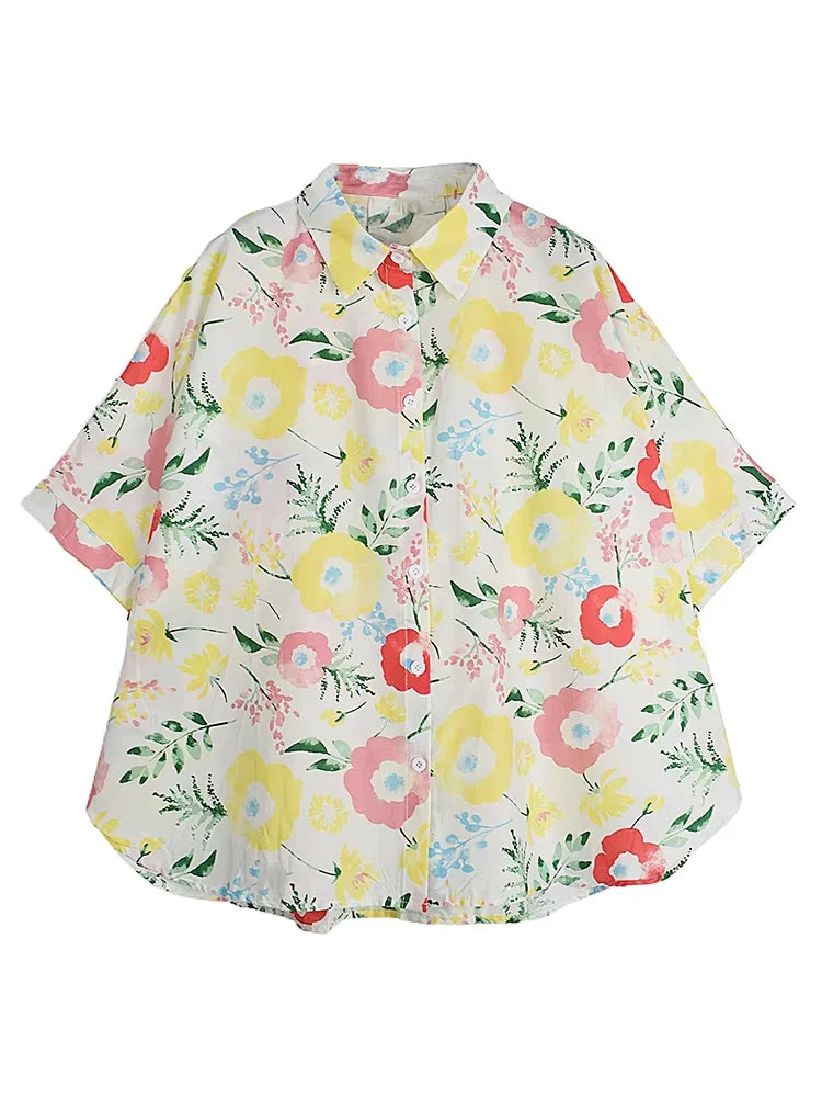 XITAO Print Lapel Single Breasted Shirt Casual Short Sleeve Turn-down Collar New Loose Fitting Flower Women Blouse GYX1615