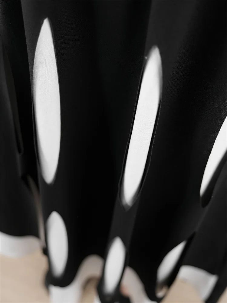 XITAO Hollow Out Contrast Color Pocket Skirt Elastic Waist Patchwork A-line Loose Personality Mid-calf Casual Skirt HQQ2441