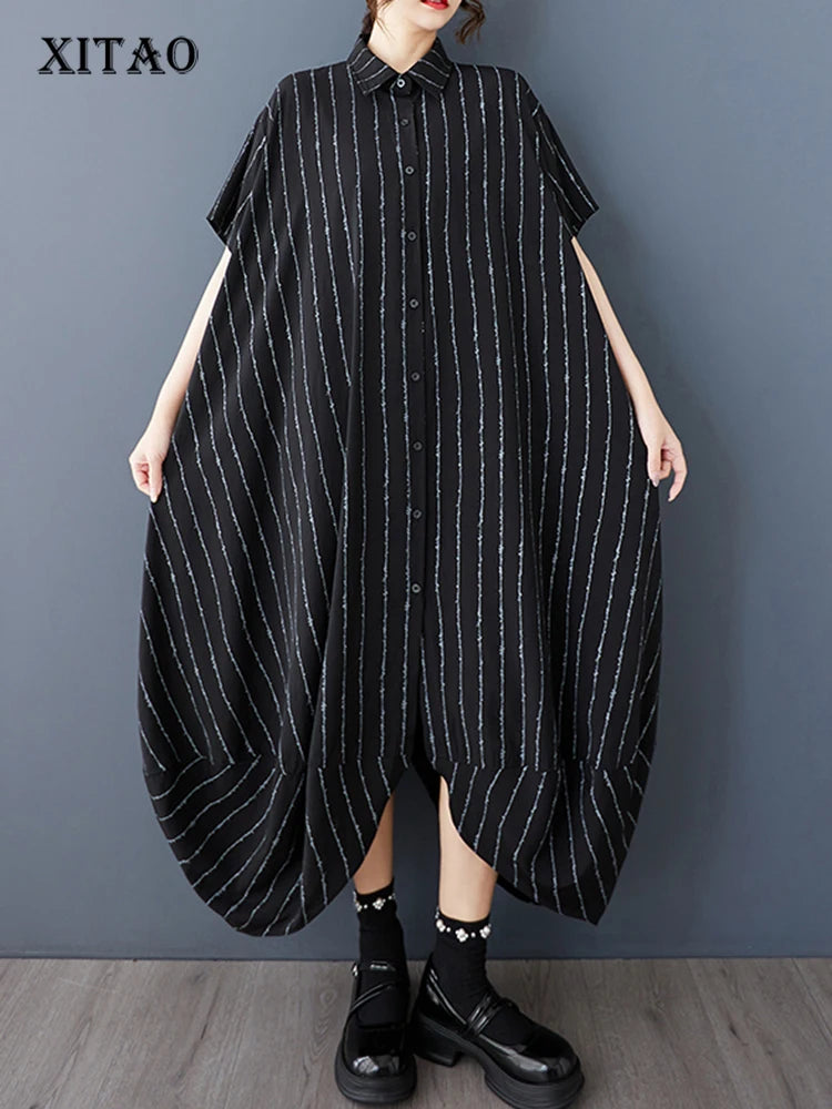 XITAO Loose Irregular Striped Dress Casual Short Sleeve Single Breasted Women Summer Turn-down Collar Shirt Dress ZMY1171