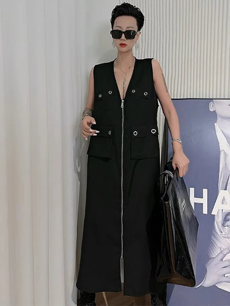 XITAO Pocket Zipper Sleeveless Dress Casual All Match Personality Fashion Black Series Summer Slimming Female Dress ZMY1327