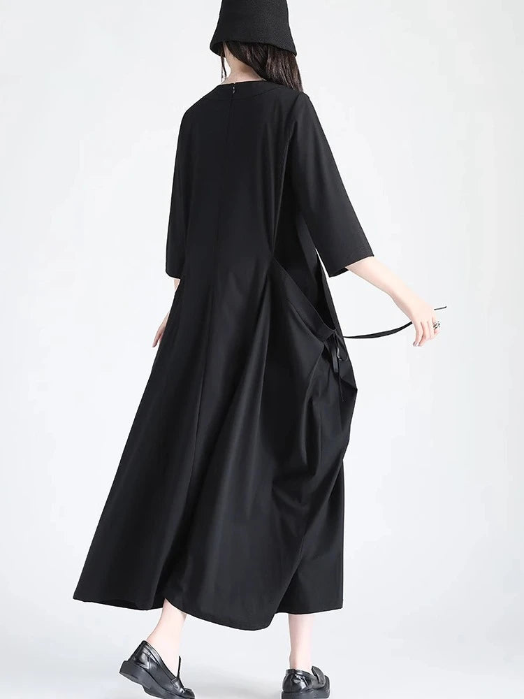 XITAO Pocket Patchwork Bandage Solid Color Dress O-neck Pullover Loose Half Sleeve Ankle-length Slim Temperament Dress HQQ2514