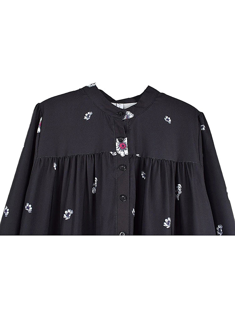 XITAO Vintage Print Dress Contrast Color Fold Patchwork Women Summer New Loose Fashion Stand Collar Simplicity Dress WMD3398