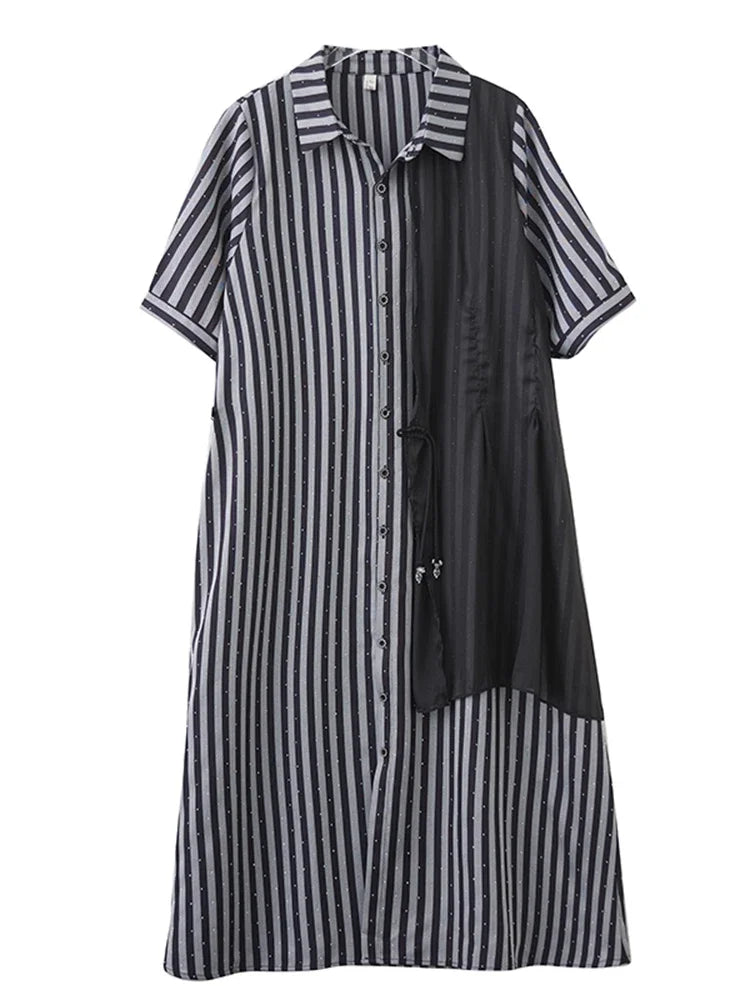 XITAO Irregular Contrast Color Dress Patchwork Striped Short Sleeve Turn-down Collar Temperament Summer Woman Dress ZMY1277