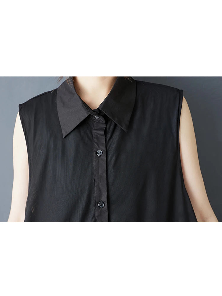 XITAO Patchwork Mesh Turn-down Collar Dress Casual A-line Sleeveless Fashion All Match Single Breasted Women Dress GYX1659