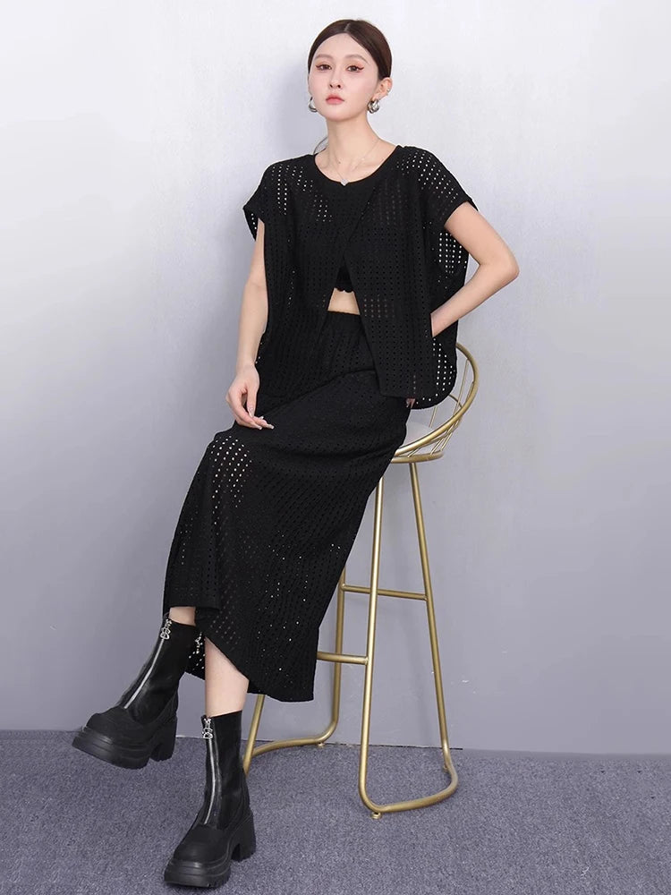 XITAO Irregular Sleeveless Loose Set Solid Color Casual Hollow Out O-neck Temperament Simple Summer Woman Two-piece Sets ZMY1292