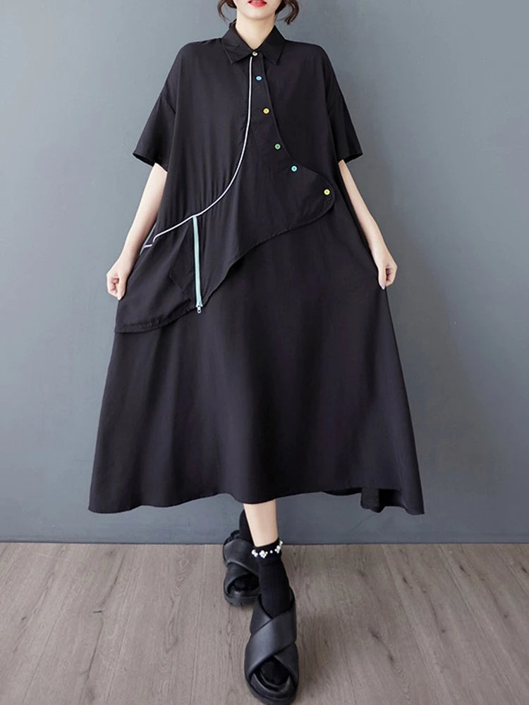 XITAO Asymmetrical Patchwork Single Breasted Dress Turn-down Collar Short Sleeve Pullover Loose Casual Slimming Dress ZMY1055