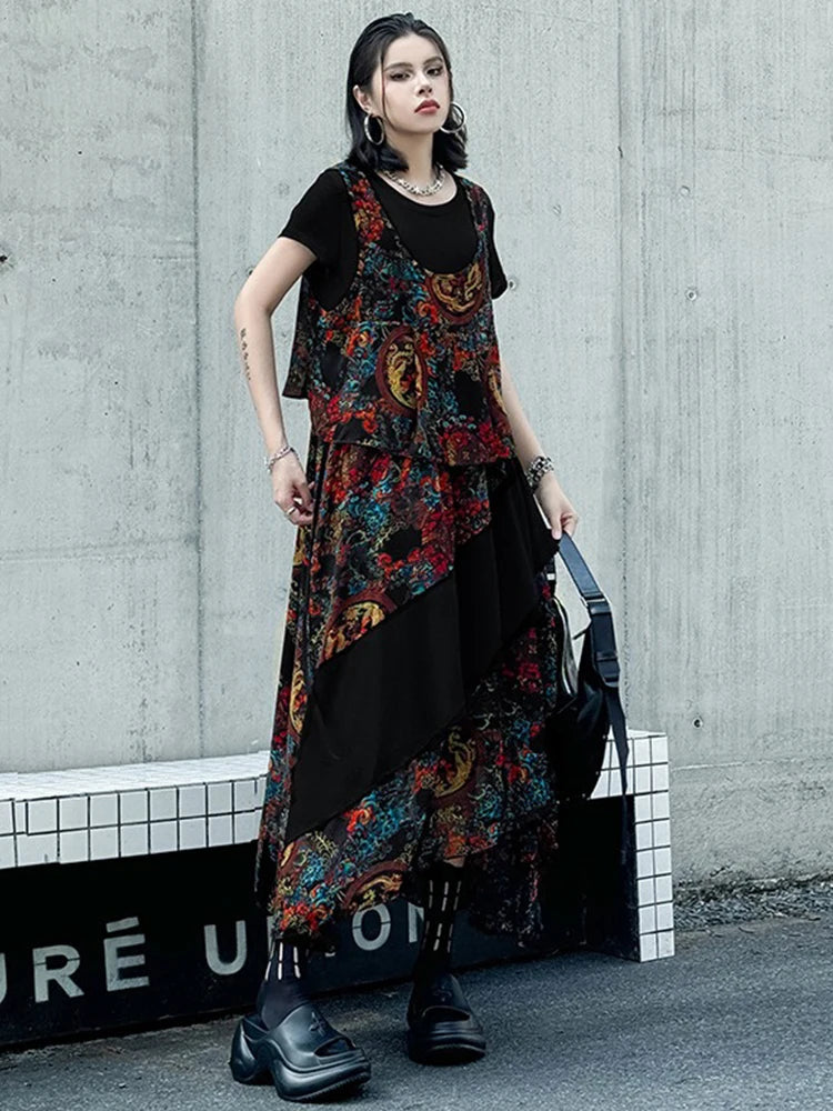 XITAO Contrast Color Print Flower Dress Casual Loose Fitting O-neck Vintage Long Style Short Sleeve Women Dress GYX1554