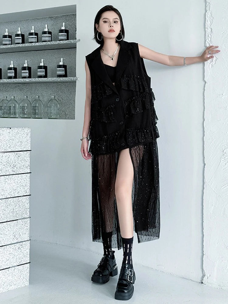 XITAO Pleated Mesh Patchwork V-neck Dress Loose Fitting Thin Single Breasted New Arrival Summer Women Dress ZMY1332