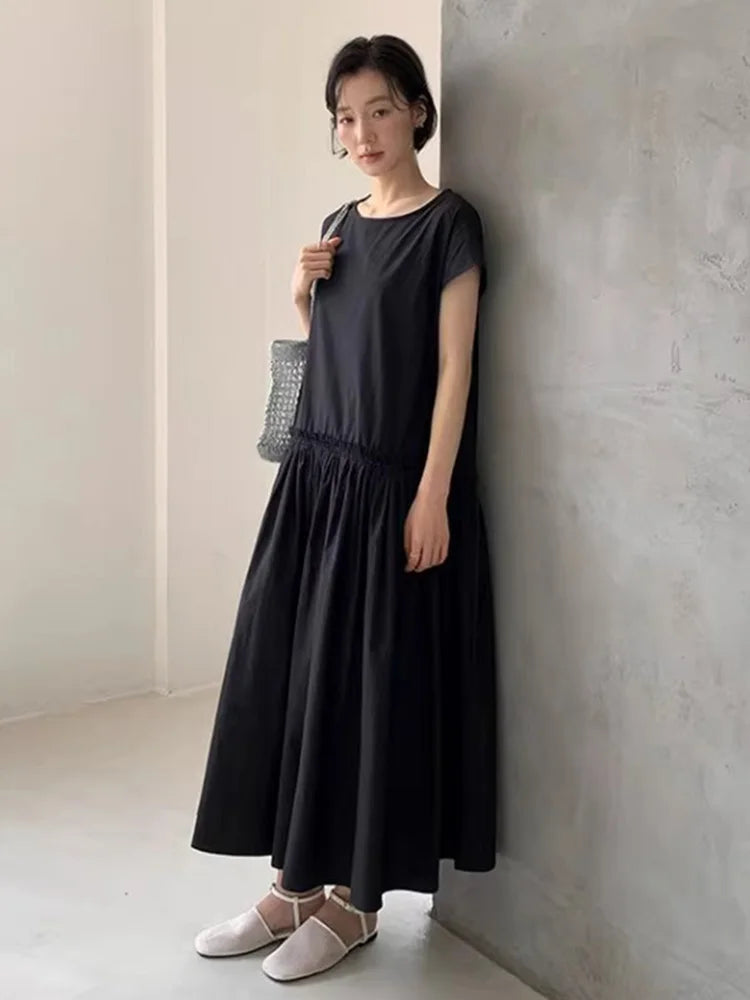 XITAO Solid Color Drawstring Dress O-neck Simple Temperament Pullover Slimming Loose Summer Woman A-line Casual Dress ZMY1331
