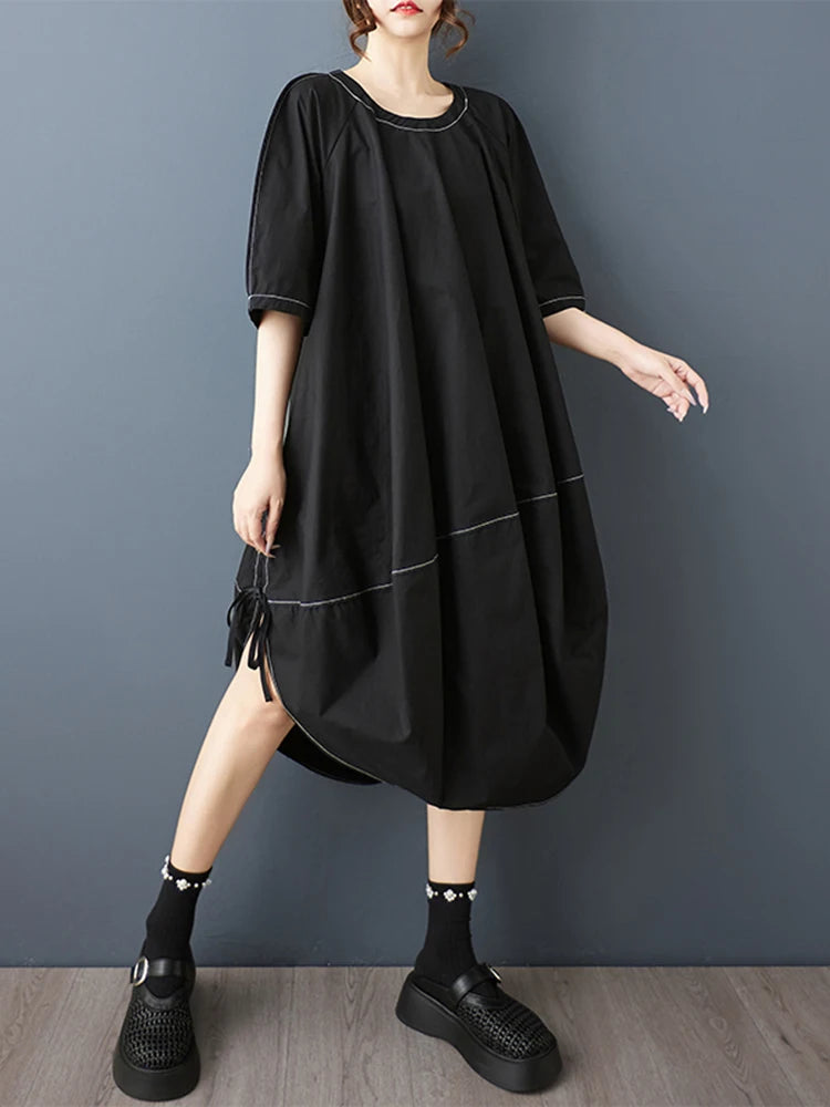 XITAO Irregular O-neck Solid Color Dress Half Sleeve Patchwork Casual New Arrival All-match Summer Woman Slimming Dress ZMY1357