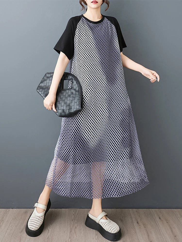 XITAO Patchwork Contrast Color Female Dress Mesh Hollow Out O-neck Short Sleeve Temperament Loose Summer Woman Dress ZMY1258