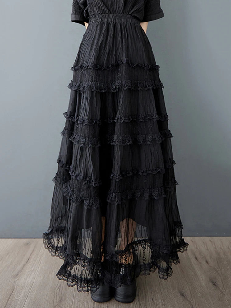 XITAO Lace Patchwork Gauze Elastic Waist Skirt Solid Color Casual Temperament All Match A-line Summer Slimming Skirt ZMY1216