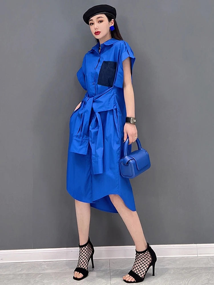 XITAO Irregular Casual Shirt Dress Fashion Personality Patchwork Women Loose Single Breasted A-line Simple Dress ZMY1076