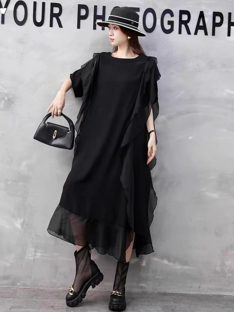 XITAO Asymmetrical Patchwork O-neck Dress Casual Loose Fitting A-line Solid Color Elegant New Arrival Summer Women Dress GYX1651