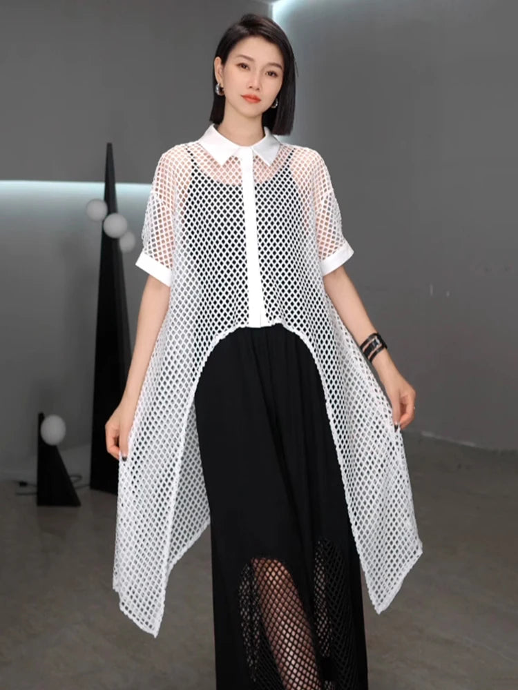 XITAO Hollow Out Mesh Irregular Short Sleeve Dress Loose Fitting Solid Color Single Breasted Lapel Summer Female Dress GYX1660