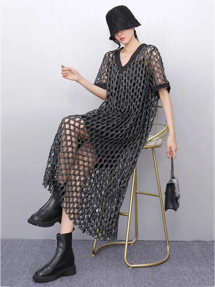 XITAO Hollow Out V-neck A-line Dress Short Sleeve Casual Loose Slimming All Match New Personality Summer Women Dress HQQ2467