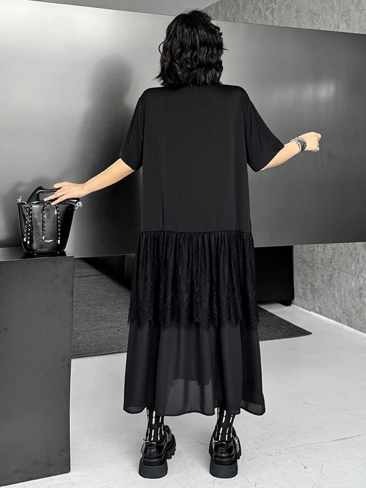 XITAO Lace Patchwork Gauze Single Breasted Dress Solid Color Turn-down Collar Short Sleeve Loose Women Slimming Dress ZMY1249