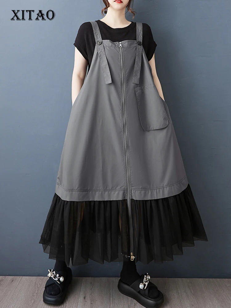 XITAO Gauze Patchwork Pocket Dress Solid Color Square Collar Sleeveless Loose Casual Slimming Summer Woman Straps Dress ZMY1313