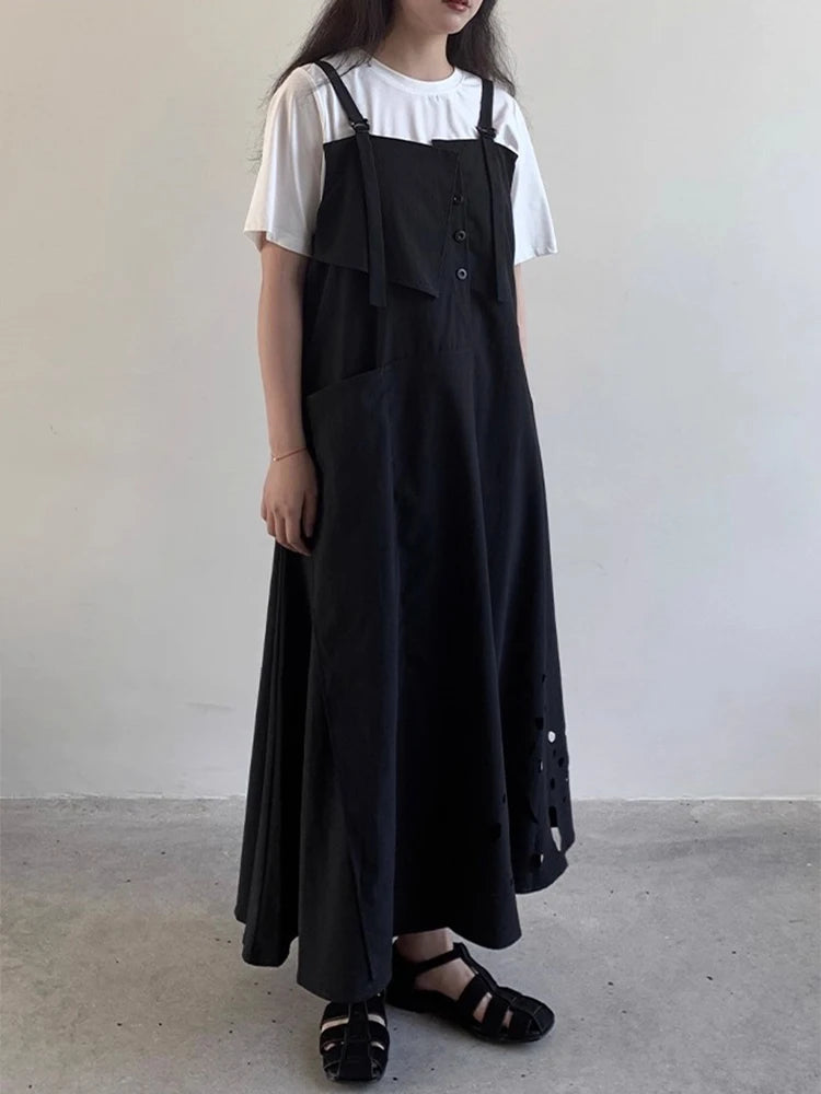 XITAO Hollow Out Square Collar Sleeveless Dress Pullover Solid Color Loose Camisole Temperament Ankle-length Casual Dress ZY8946