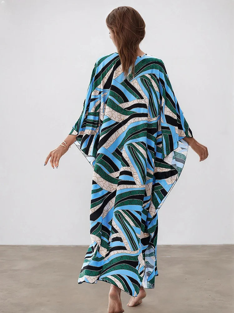 XITAO Beach Asymmetrical Print V-neck Dress Contrast Color Pullover Loose A-line Slimming Summer Woman Ankle-length Dress GJ1173