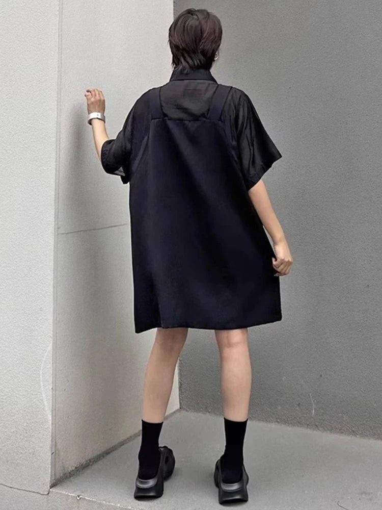 XITAO Pocket Patchwork Dress Solid Color Fake Two Pieces Single Breasted Short Sleeve Temperament Summer Woman Dress ZMY1309