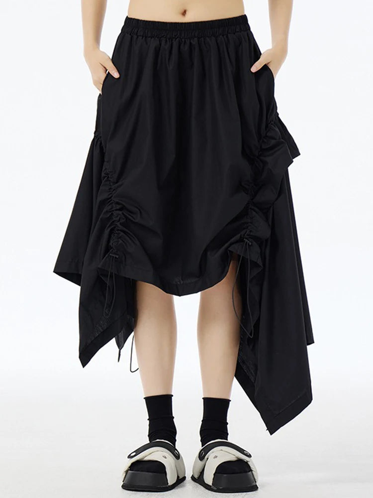 XITAO Asymmetric Drawstring Loose Skirt Solid Color Personality Women Trend Slimming Irregular Elastic Waist Skirt HQQ2442