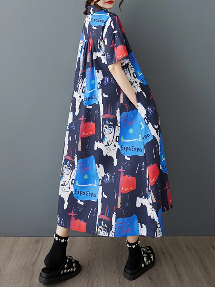 XITAO Irregular Print Loose Female Shirt Dress Personality Korea Women Summer New Casual Short Sleeve Slimming Dress ZMY1134