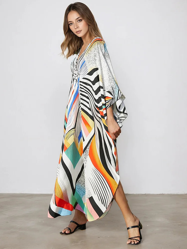 XITAO Batwing Sleeve Print Striped Dress Ankle-length Pullover V-neck Side Slit Slimming Summer Woman Loose Fashion Dress GJ1185