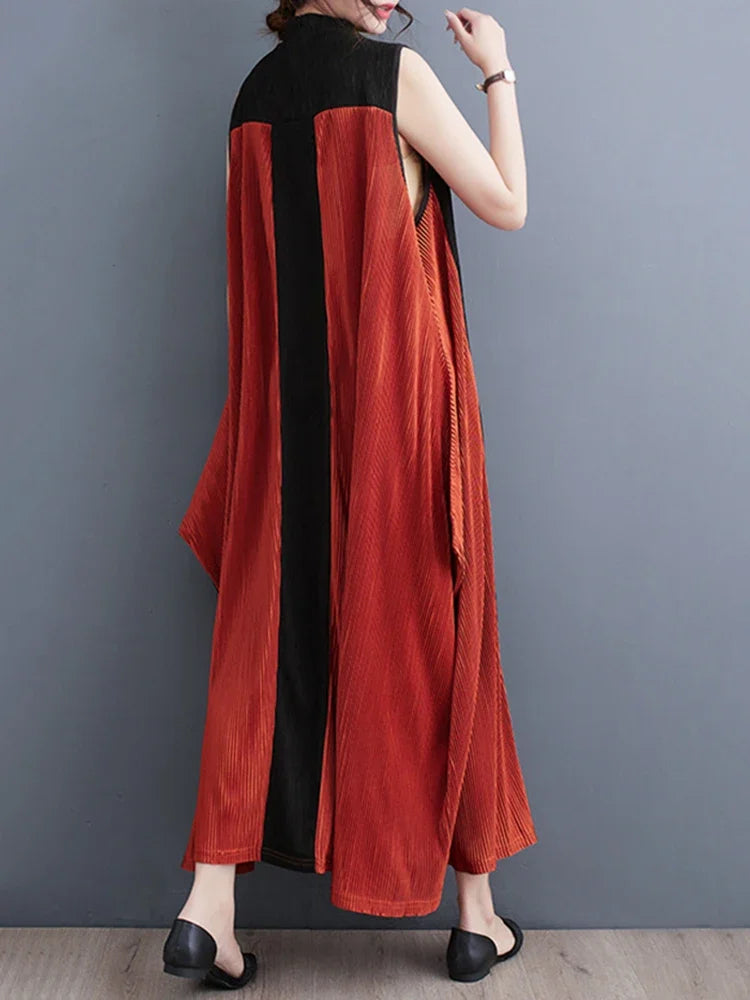 XITAO Hit Color Dress Goddess Fan Casual Style Striped Goddess Fan Pullover Sleeveless Elegant 2023 Summer Loose Dress WLD11597