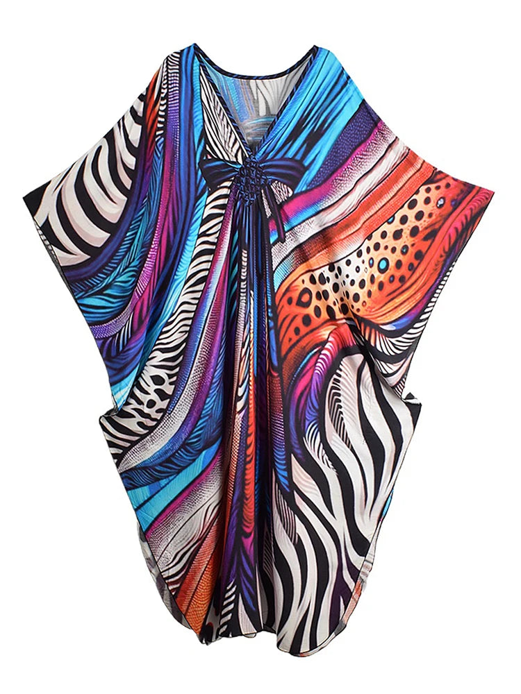 XITAO Contrast Color Print Batwing Sleeve Female Dress Pullover V-neck Loose Slim Temperament Summer Women Casual Dress GJ1145