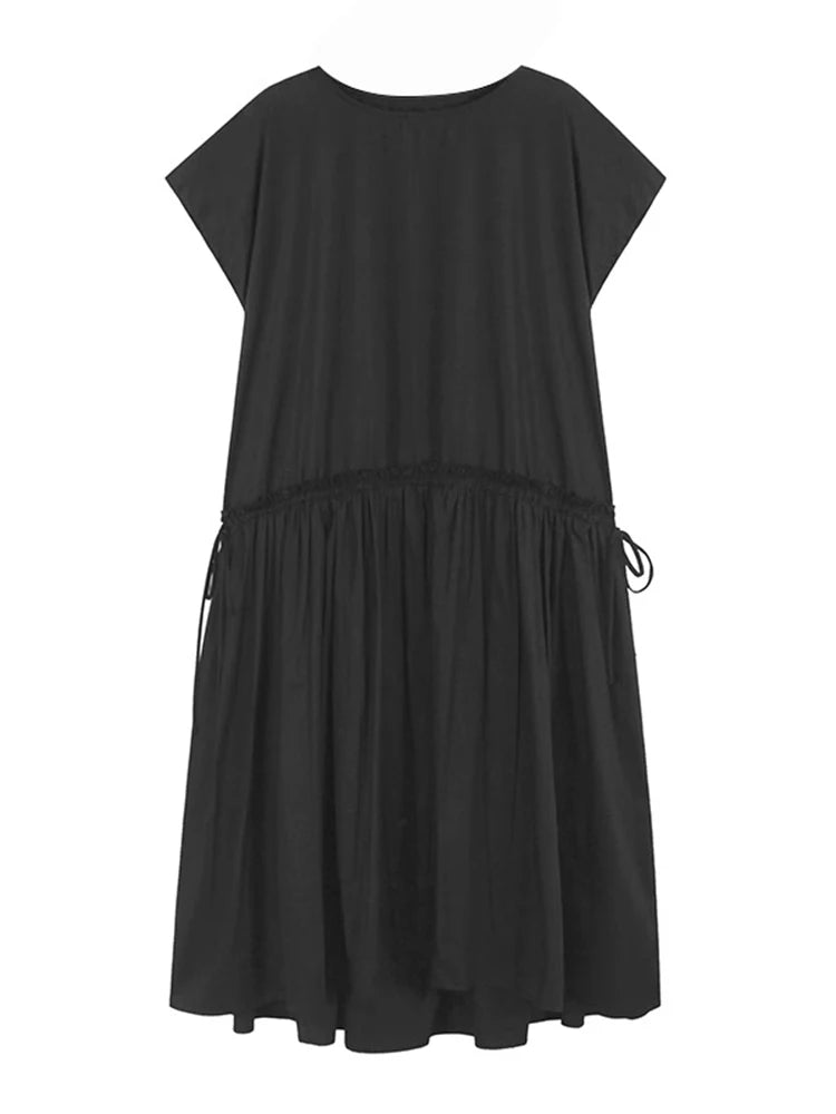XITAO Pleated O-neck Edible Tree Fungus Female Dress Drawstring Solid Color Loose Fitting A-line Summer Women Dress ZMY1330
