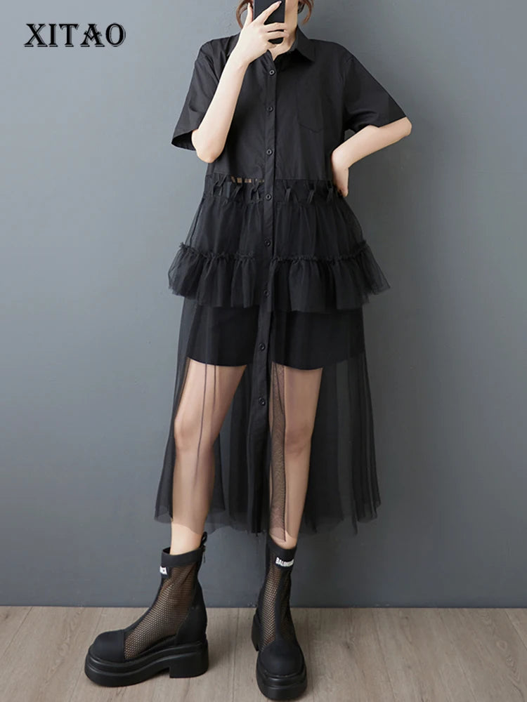 XITAO Patchwork Mesh Pleated Dress Casual Short Sleeve Turn-down Collar Single Breasted A-line Fashion Women Dress ZMY1195