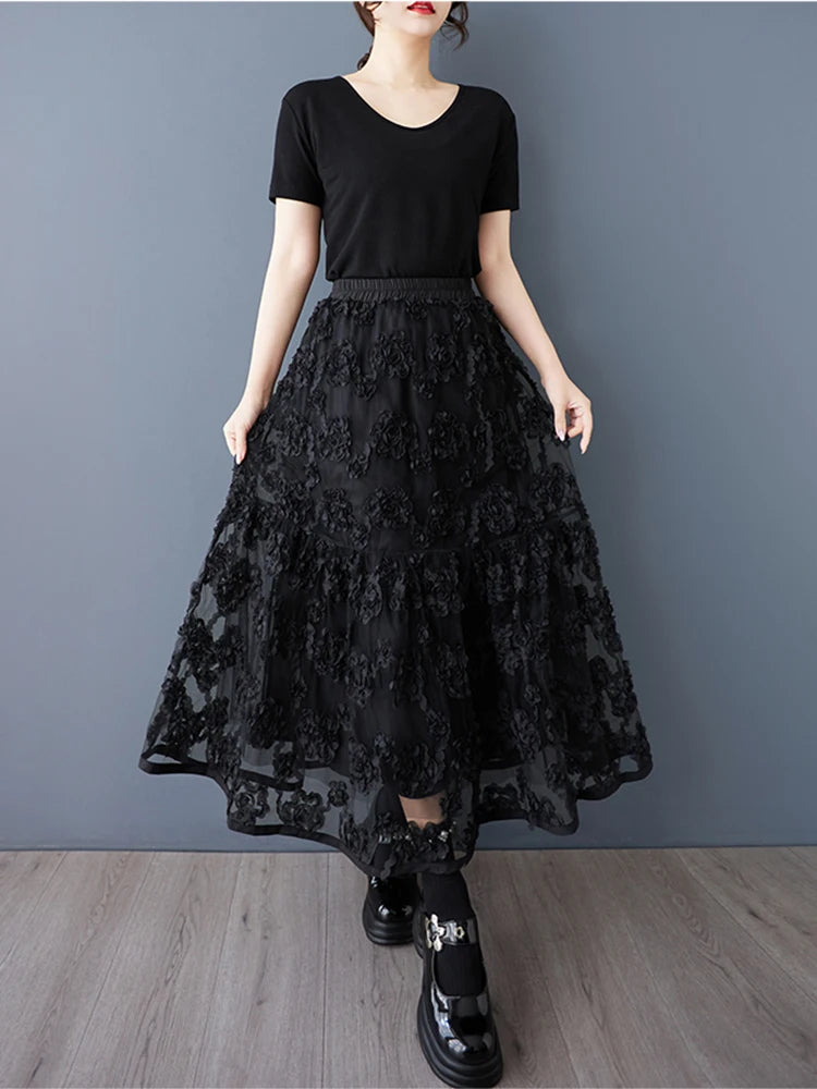 XITAO Mesh Patchwork Elastic Waist Skirt Casual Loose Fitting A-line Loose Fitting Fashion All Match Summer Women Skirt HQQ2471