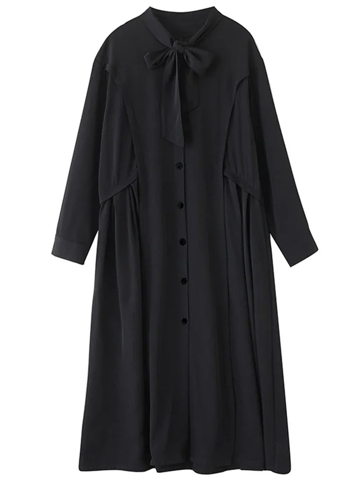XITAO Bandage Patchwork Solid Color Folds Dress Long Sleeve Single Breasted Loose Slimming Temperament A-line Dress HQQ2502