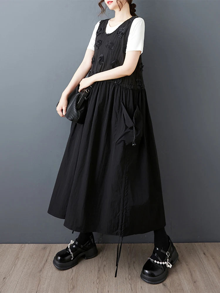 XITAO Pocket Draw String Sleeveless Fenake Dress Three-dimensional Flower Loose O-neck Solid Color Summer Woman Dress ZMY1275