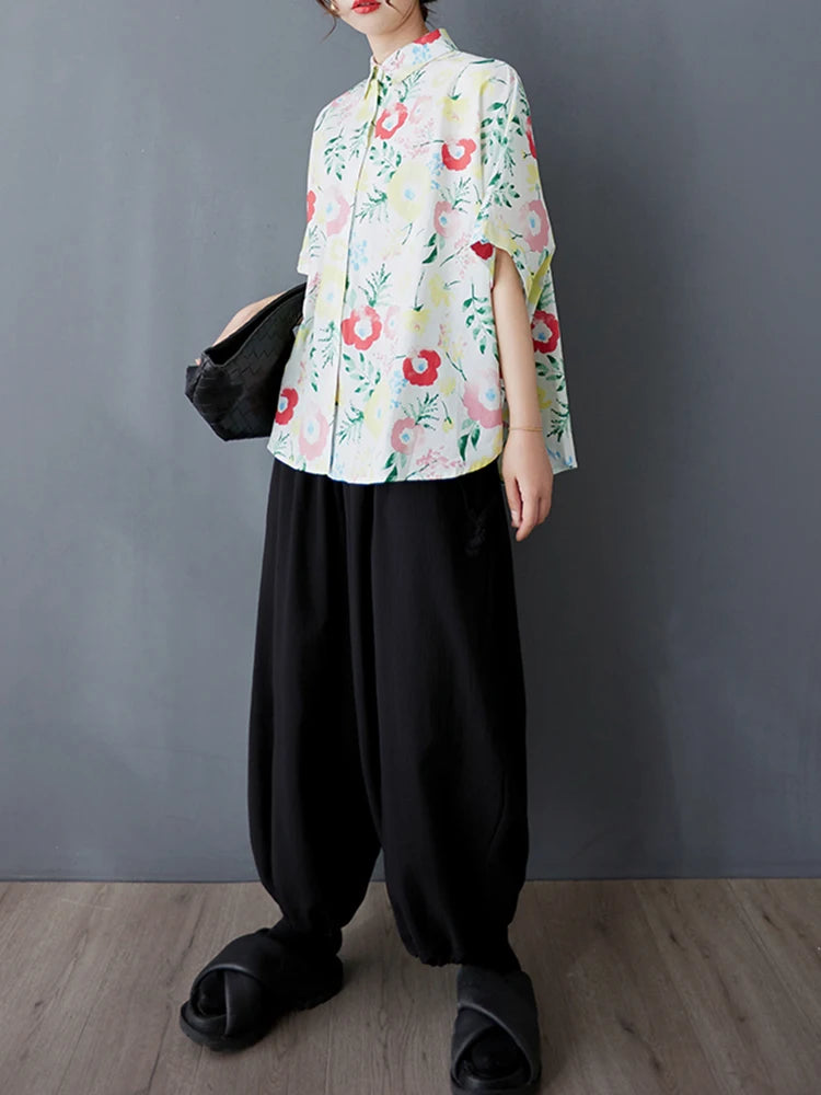 XITAO Pint Flower Single Breasted Lapel Shirt Casual Loose Fitting Batwing Sleeve Turn-down Collar Summer Women Blouse GYX1557
