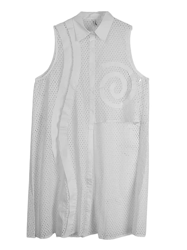 XITAO Mesh Patchwork Asymmetrical Perspective Dress Solid Color Turn-down Collar Single Breasted Sleeveless Casual Dress GYX1561